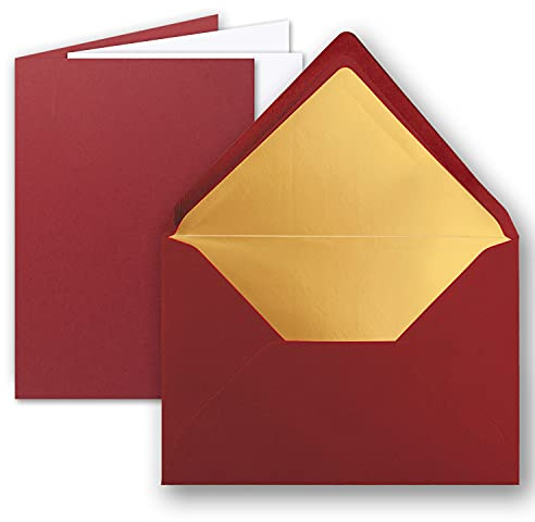 10 Sets - Faltkarten DIN A5 - Dunkelrot (Rot) mit Umschläge DIN C5 mit Gold Metallic Futter und weißen Einleger - 14,8 x 21 cm - FarbenFroh by GUSTAV NEUSER