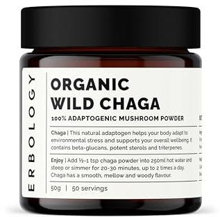 Erbology Fungo Chaga in Polvere Bio 50 Porzioni - 7% Beta-glucani - Supporto Immunitario - Inonotus Obliquus - Raccolto in Modo Sostenibile in Natura Selvaggia in Finlandia - Vegano - Senza Additivi