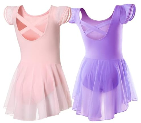 DIPUG Ballet Leotards for Girls Ballet Leotard with Skirt Toddler Dance Leotards Flutter Sleeve and Criss-Cross Back Pink Purple Size 4-6