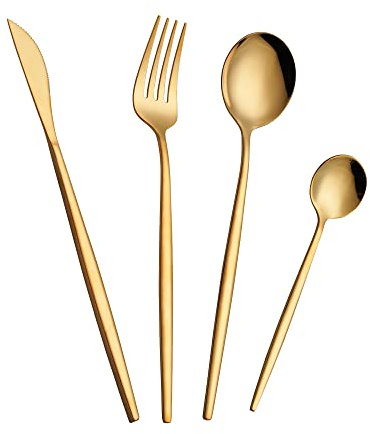 OUQIWEN 16-teiliges Gold Glänzendes Elegantes Edelstahl Besteck Set, 4 Personen, 16 Stück, Messer/Gabel/Löffel/Teelöffel, Rostbeständig, Spülmaschinengeeignet