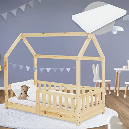 ML-Design Letto a Casetta per Bambini 70 x 140 cm Naturale, in Legno Massello, Struttura con Protezione Anticaduta, Lettino a Terra Montessori con Materasso Sfoderabile in Schiuma Fredda per Cameretta