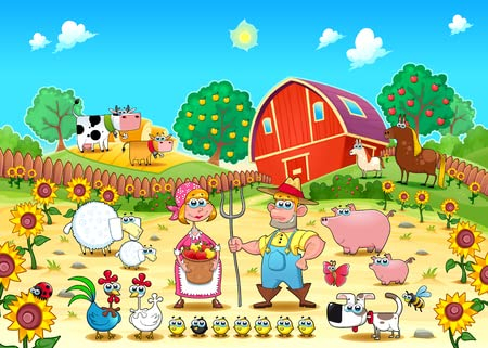 adrium Acryl-Bild 110 x 80 cm: Lustige Bauernhofszene mit Tieren und Bauern. Cartoon- und Vektorillustration(52577978)