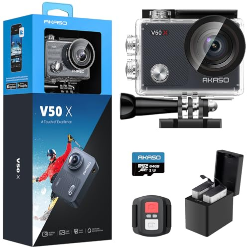 AKASO V50X Native 4K30fps WiFi Action Camera with EIS Touch Screen 4X Zoom 131 feet Waterproof Camera Support External Mic Remote Control with Helmet Accessories (with 64GB MicroSD Card)