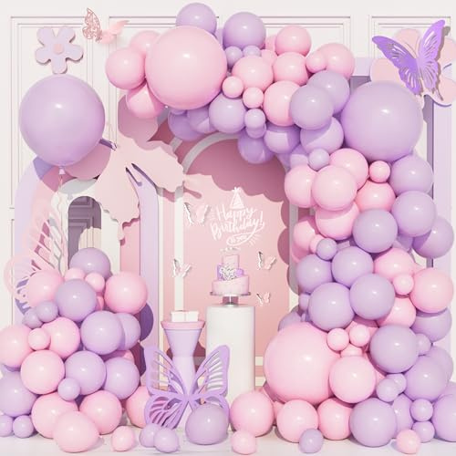 Ousuga Kit Arche Ballons Rose Violet,111Pcs Guirlande Ballon Pastel Rose Violet Mauve Pourpre Fête Révélation Sexe Fille Anniversaire Baby Shower Baptême Mariage Soirée à Thème Papillon Décoration