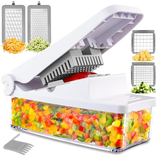 Geeldel Gemüseschneider, Gemüsehobel für Würfel Stifte, Zwiebelschneider Gemüse Schneider mit Austauschbare Klingen, Reibe für Gemüse, Vegetable Chopper Dicer, Manuell Küchenhelfer (4 in 1, Weiß)