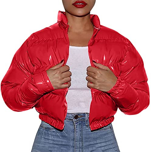 QUINTRA Frauen- - und Winter-Baumwollmantel Shiny Metal Short Cotton Coat Warnschutzjacke Damen (Red, XXL)