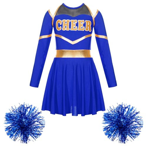 Alvivi Mädchen Cheerleading Kostüm Cheer Leader Langarm Kleid mit Pompoms Schulmädchen Uniform Halloween Karneval Fasching Partykleid Royal Blau 146-152