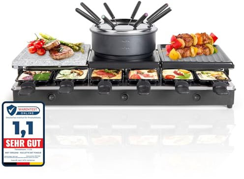 LUTEO® Raclette mit Fondue 12 Personen - Tischgrill elektrisch - Elektrogrill Steinplatte Grillplatte abnehmbar - Mini Crepes Maker - elektrisches Fondueset - Pfännchen antihaftbeschichtet