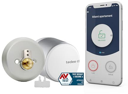 tedee Go Smart Lock with Bluetooth, AutoLock and App, Keyless Access Smart Front Door Lock for Single-Cylinder Deadbolt, Silver (Deadbolt Adapter + bar)