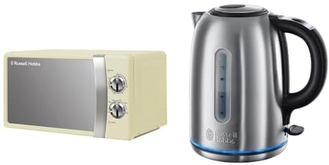 Russell Hobbs RHMM701C 17 Litre 700 W Cream Solo Manual Microwave with 5 Power Levels, Ringer&Timer & Brushed Stainless Steel Electric 1.7L Cordless Kettle (Quiet & Fast Boil 3KW
