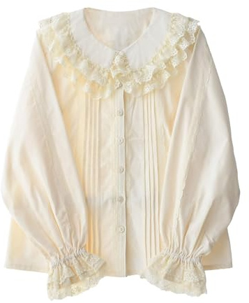 Cuteighteen Lolita Camicette a maniche lunghe da donna con colletto alla Peter Pan camicia vittoriana vintage pizzo elegante top con volant alla moda primavera, Crema e beige., L