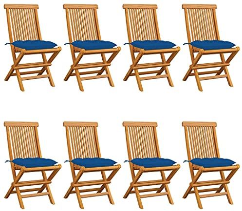 vidaXL 8X Teak Massiv Gartenstuhl mit Blauen Kissen Klappbar Holzstuhl Klappstuhl Stuhl Stühle Gartenmöbel Gartenstühle Balkon Terrasse