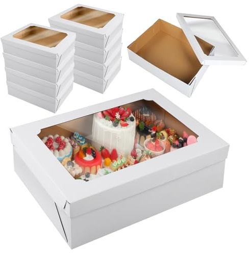 Funnymoom 10 Pcs 19.5x14.5x5 Inches Half Sheet Cake Boxes with Window Corrugated White Bakery Boxes for Pastry Baking Donuts Cupcakes Cookies Pie Treat Packaging