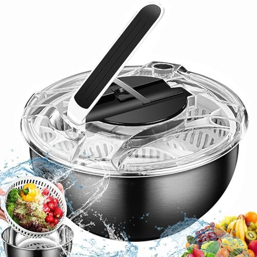 QUTBAG Press-Salatschleuder, 3,5-Liter-Salattrockner aus Edelstahl, Doppelschicht-Salatwäscher, Sieb-Abtropfgerät zum Reinigen, Trocknen und Aufbewahren