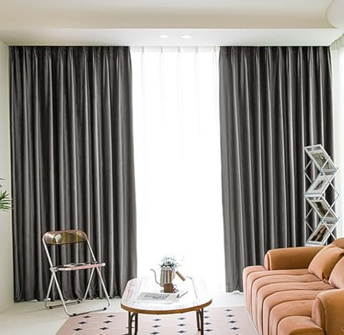 KnSam 2er Set Dunkel Grau Vorhang Motiv Blickdicht, Fenster Vorhänge Einfarbig, Samt Ösen Ösen Gardinen Blickdicht Vorhang Muster Verdunkelung, Jeder B 102 x H 160cm