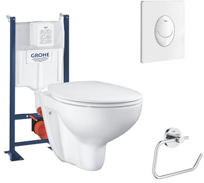 WC suspendu sans bride + abattant + Bâti support + Plaque commande blanc+ Dérouleur papier