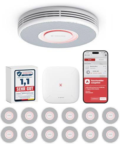 X-Sense Smarter Rauchmelder WLAN mit Sprachausgabe und 17 Standorten, Feuermelder, Rauchmelder vernetzt, 33 mm, Brandmelder mit SBS50 Basisstation, XS0B-MR121, 12 Stück