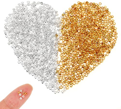 2000 Stück Quetschperlen 2mm Rund Crimp Perle Glatte Runde Charm-Perle Crimp End Spacer Stopper Perlen für Ohrring Halskette DIY Schmuckherstellung (Silber, Gold)