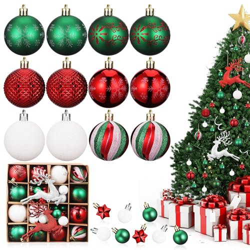 46 Boules de Noël Incassables - Rouge, Vert et Blanc - Sapin de Noël - 3 et 6 cm - Avec 2 Renne de Noël - Décoration Extérieure