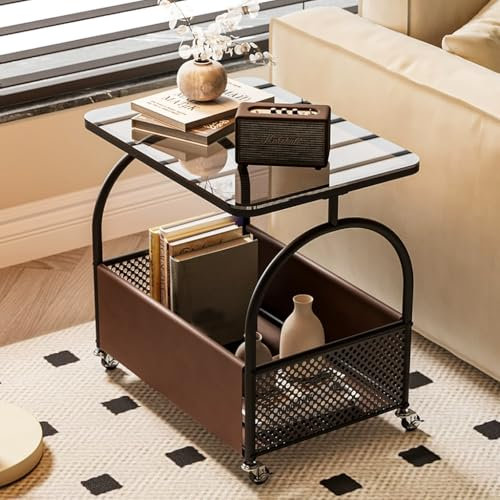 Couchtisch für das Wohnzimmer, Beistelltisch mit Rollen, Schreibtischtisch aus Glas, Sofatisch mit Stauraum, für Wohnzimmer, Schlafzimmer, Rollwagen auf dem Balkon (schwarzes Regal)