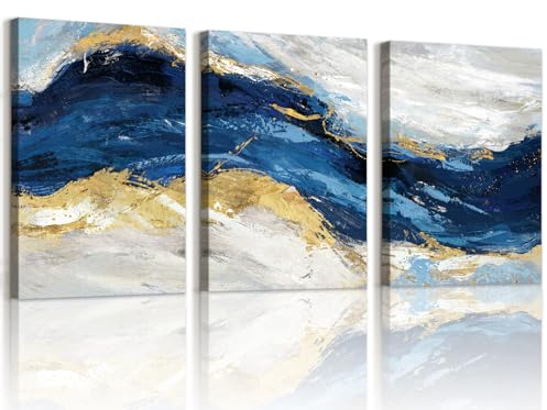 WENGTIAO 3 Pezzi Stampa su Tela Astratto Minimalista Blu Con Cornice | Quadro su Tela Onda Marina Blu Marino Oro Grigio per Quadro Moderno Soggiorno Camera da Letto Decorazioni Parete 40x60cmx3