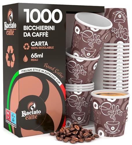 Eurocali 1000 Bicchierini in Carta per Caffè 65ml Coffee Round Bicchieri Riciclabili Monouso Piccoli Asporto Bevande Calde