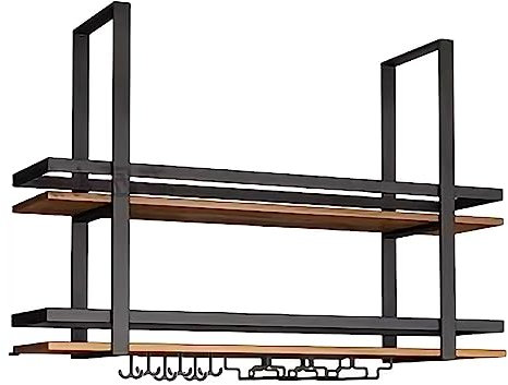 Generico Portabottiglie da Vino sospeso Industriale a 2 Strati, portabicchieri da Vino da soffitto, portabottiglie da Vino sospeso con portabicchieri e ripiano, Ripiani galleggianti in Legno per Bar,