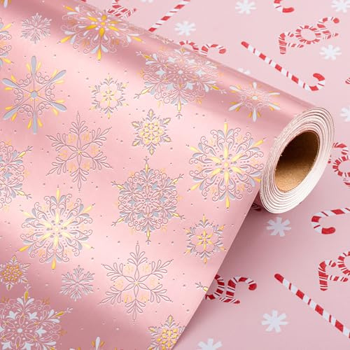 Wikadlik Wendbares Weihnachts-Geschenkpapier – Mini-Rolle – Romantische rosa Schneeflocken und Zuckerstangen-Geschenkpapier für festliche Winterferien-Party – 43 cm x 10 m