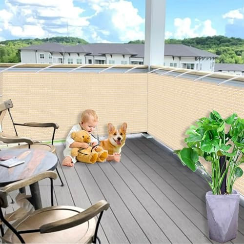 Balkonabdeckung mit Ösen 0.95 x 5 m, Wind Und UV Schutz, Beständig, Ohne Bohren, Viele Größe Und Farben, Balkon Sicht Balkonverkleidung, mit Kabelbinder für Balkon, Beige