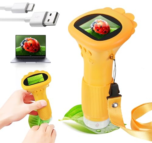 letcdfer Digitales Mikroskop für Kinder, Gelb | 2,0 IPS Taschenmikroskop mit LED-Licht, USB-Anschluss, 1000x Zoom