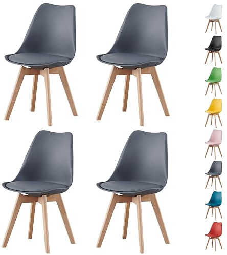 MOF Dining Chairs Set of 4 – Modern Faux Leather Dining Room Chairs with Wooden Legs, Padded Seat & Curved Backrest – Easy to Clean Chair for Lounge, Kitchen, Office - Stylish DELUXE Retro EVA (Grey)