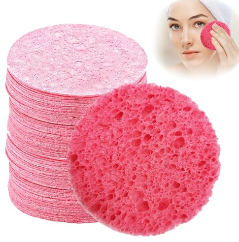 60PCS Compressed Facial Sponges Cleansing, Natural Wood Pulp Cotton Facial Washing Sponge for Facial Cleansing, Exfoliating Mask, Makeup Removal, Wet and Dry use(Pink, 65mm)