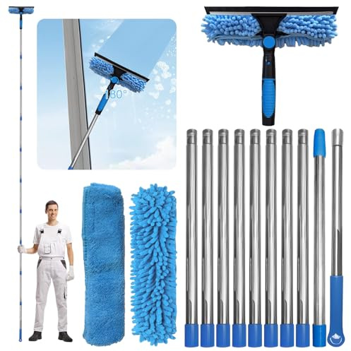 Exquilnova 4.5M Window Cleaning Equipment,Telescopic Window Cleaner with 2-in-1 Silicone Squeegee,Coral Velvet Pad for Home Windows,Bathroom Glass,Car Glass,Upstairs Windows,Solar Panels(Blue)