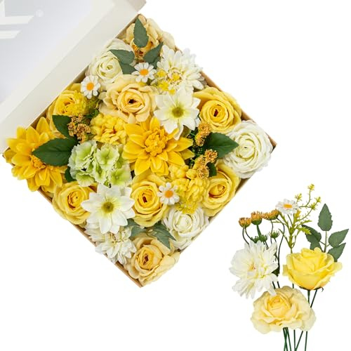 FANKO Artificial Flowers for DIY, Yellow Faux Flowers Bouquet, Fake Rose Dahlia Daisy Cosmos Silk Flowers for Vase, Home Decor, Garlands, Garden Wedding, Party, Birthdays