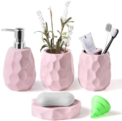 Badezimmer-Zubehör-Set Keramik 4-teiliges Badezimmer-Zubehör-Set, Lotion-Seifenspender, Seifenschale, Zahnbürstenhalter, Zahnputzbecher, Badezimmer-Organizer für Moderne Badezimmer (Rosa)