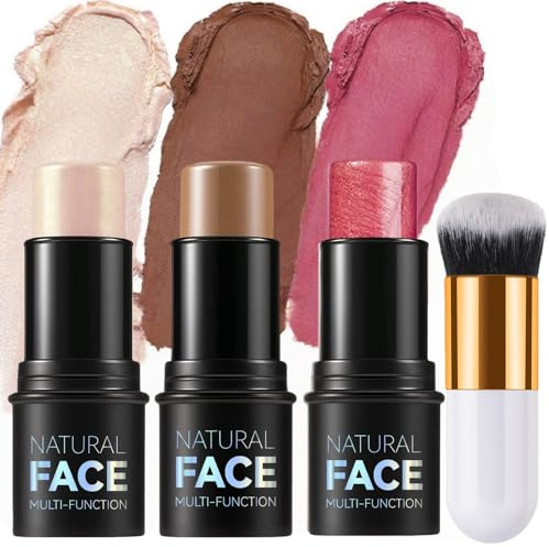 3Pcs Contour Highlighter Blush Sticks with Brush,Cream Contour Beauty Wand for Cheeks Eyes Lips,Long Lasting & Ble/ndable for Face Sculpting,Waterproof Smooth Makeup Sticks for All Skin Type Makeup