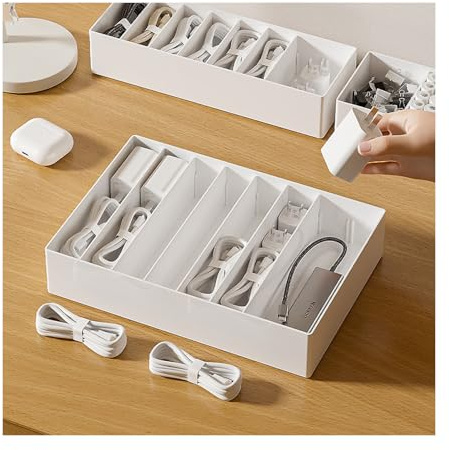 2 Pièce Boite Rangement Cable, Boîtes Range Cable avec Compartiments Réglables, Rangement Blanc et Ordonné pour Câbles de Recharge, Câbles USB et Adaptateurs