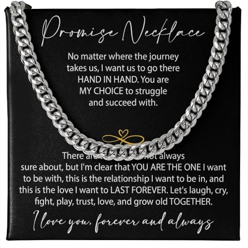 VIRAGIL Promise Chain Necklace for Men Cuban Link Style, Silver Stainless Steel Mens Jewelry, Thoughtful Necklace for Husband from Wife or Partner for Birthday Valentine