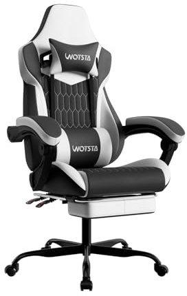 WOTSTA Gaming Chair, Ergonomic Gaming Chair with Footrest and Lumbar Support, Computer Chairs, Height Adjustable Computer Racing Gamer Chairs for Gaming or Office, Black White