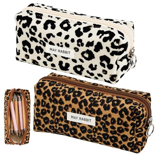 2 Pièces Trousse à Crayons, Trousses De Maquillage, Trousse Scolaire Grande Capacité, Pencil Case avec Fermeture Eclair, Motif Léopard Sac de Rangement pour l'école, la Papeterie, Le Maquillage