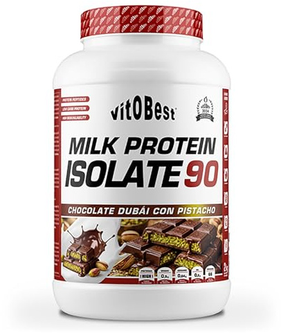 VITOBEST | Proteínas Milk Protein Isolate 90 | Más de 25 g de proteína láctea por toma, aminoácidos esenciales BCAA | Textura cremosa excelente solubilidad | Sabor Chocolate Dubái con pistacho - 2 kg