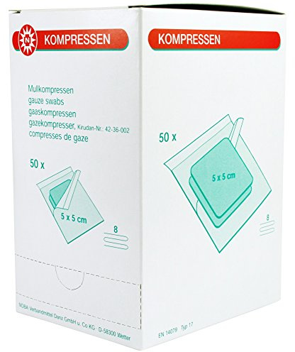 NOBAMED Compresas de gasa estériles de 8 capas, 50 x 2 unidades, tamaño: 5 x 5 cm.