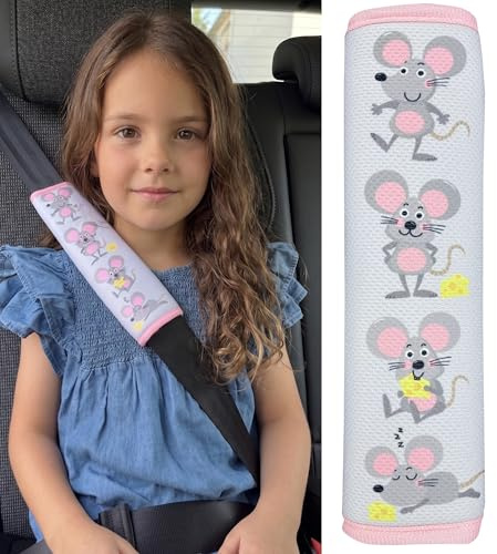 HECKBO 1x Barn Bälte Skydd Kudde med Mus Motiv - Säkerhetsbälte Kudde för Barn och Bebisar - Ideal för alla Bälteshöjningar Barn Cykelvagn Flygplan