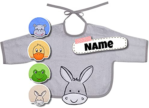 Langarm Lätzchen Baby bestickt mit Namen | personalisiert | Spucktücher Baby mit Ärmel | 5 süße Tierchen | Baby Erstausstattung (hellgrauer Esel)