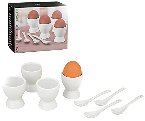 Smart-Planet Eierbecher klassisches weiß aus hochwertigem Porzellan 4er Set mit Löffel - Eierständer Eierhalter für Frühstücksei - glänzeder Egg-Cup, KO-795800030
