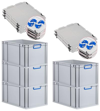 PROREGAL SuperSparSet 5x Eurobox NextGen Color mit Auflagedeckel & Schiebeschnappverschlüsse, HxBxT 32x40x60cm, 65L, Griffe blau geschlossen, Verstärkter Boden, Eurobehälter Transportbox