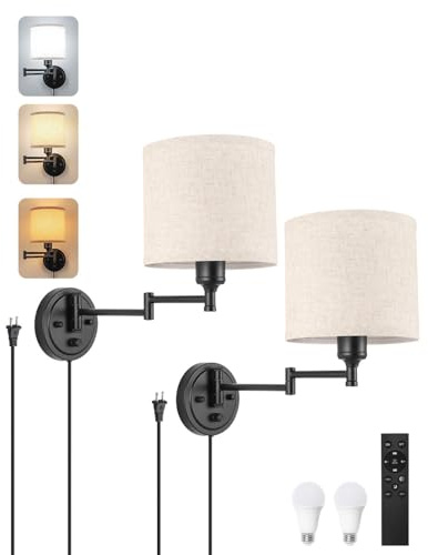 Plug in Wall Sconces with Remote Control, Dimming 10%-100% & Adjustable Colors 2700K-6500K, Hardwire or Plug-in, Swing Arm Wall Lamp with Linen Fabric Shade, Wall Sconces Set of Two, Black Finish