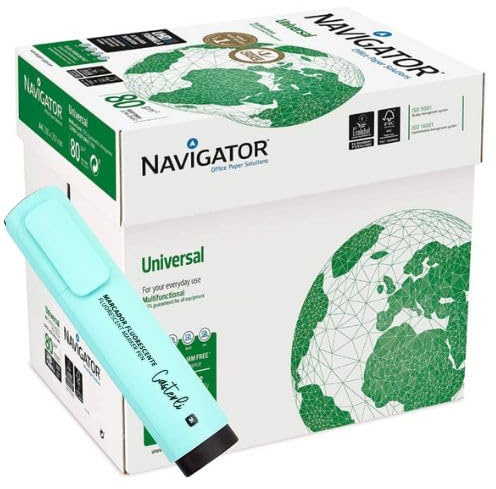 CASTERLI Universal Navigator Papel multiusos para impresoras color blanco (1 CAJA 2500 HOJAS, A4 80 GRAMOS+1 RESALTADOR CASTERLI) (1 CAJA 2500 HOJAS, A4 80 GRAMOS)