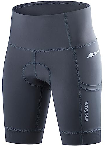WOSAWE Radlerhose Damen Atmungsaktiv 4D Gepolsterte Fahrradhose Hoher Taille Reitstrumpfhose mit Seitentaschen (Grau, XL)