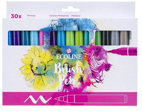 Ecoline Brush Pen-Set mit 30 flüssigen Aquarellstiften – Grundtöne | Mischbare Pinselstifte für Handlettering, Zeichnen und Basteln